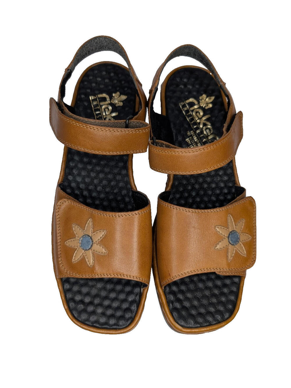 Rieker Womens Antistress Leather Sandals Sz 41 7.5 Golden Brown Flower